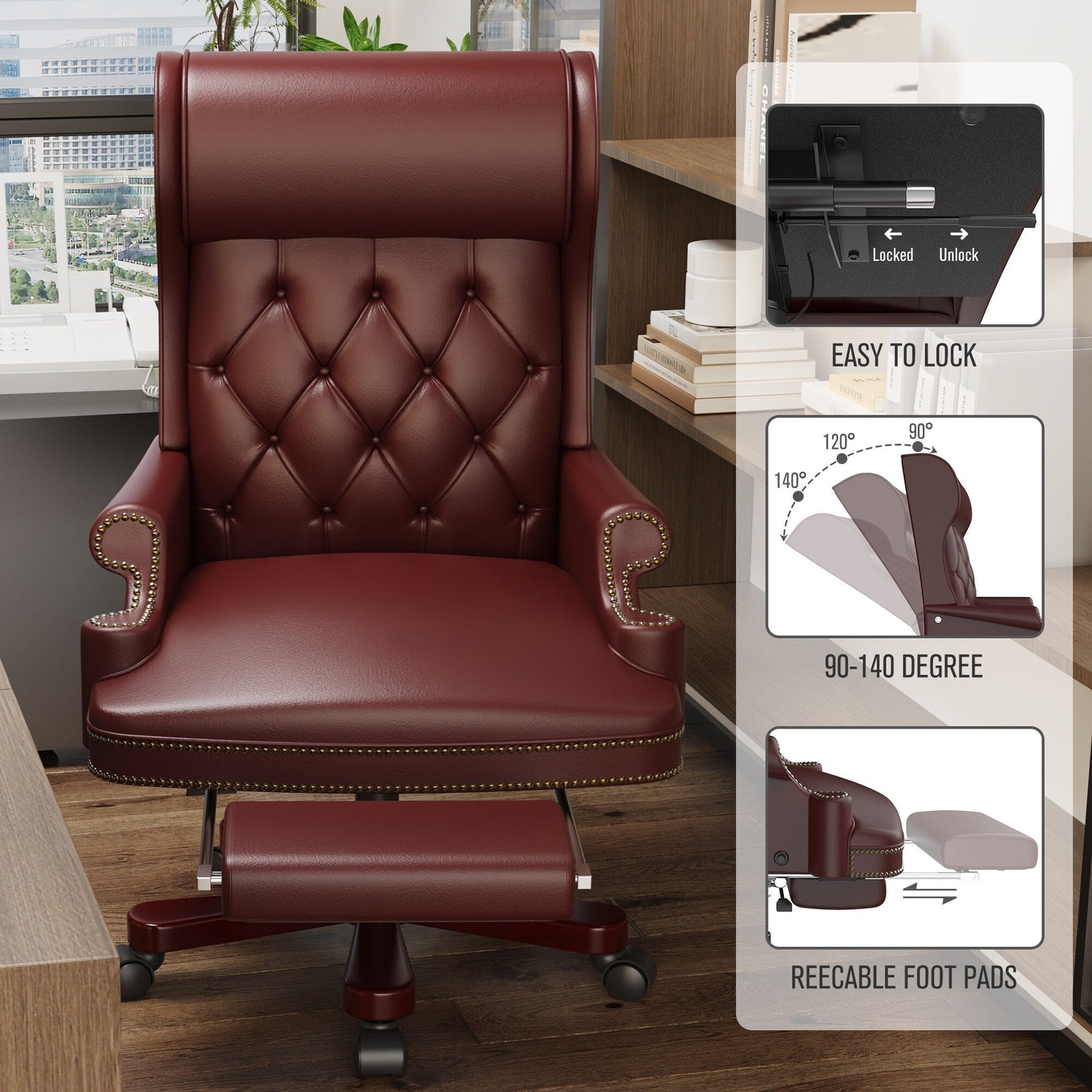 Poltrona girevole ergonomica da ufficio in similpelle color bordeaux con poggiapiedi, schienale con bottoni trapuntati e decorazione con borchie