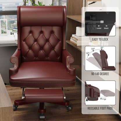Poltrona girevole ergonomica da ufficio in similpelle color bordeaux con poggiapiedi, schienale con bottoni trapuntati e decorazione con borchie