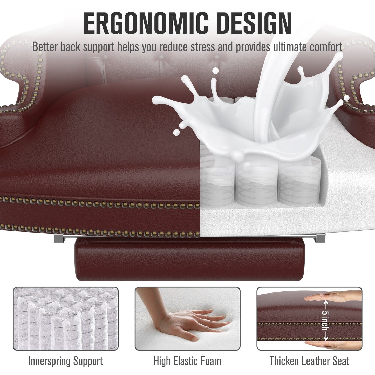 Poltrona girevole ergonomica da ufficio in similpelle color bordeaux con poggiapiedi, schienale con bottoni trapuntati e decorazione con borchie