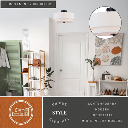 Lampada da soffitto Burnaby Mid-Century Modern con paralume a tamburo in lino bianco
