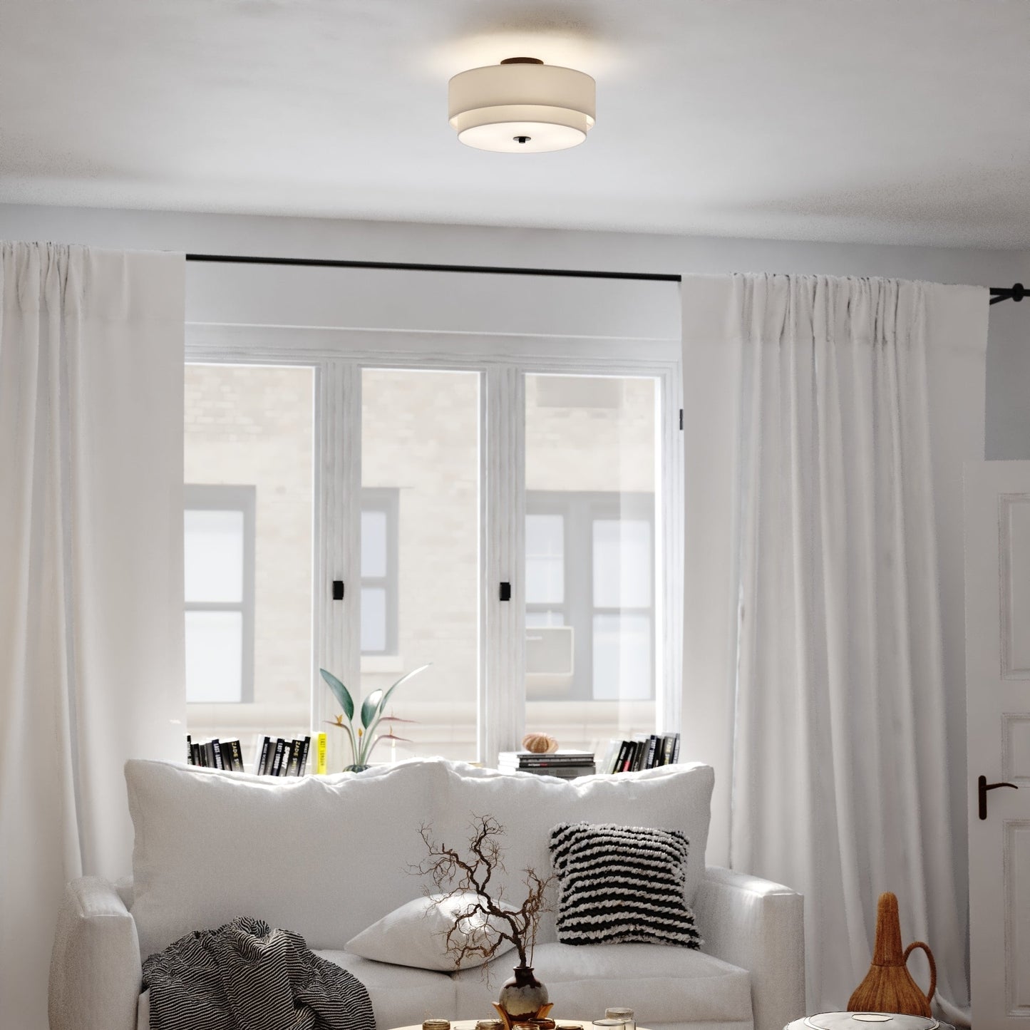 Lampada da soffitto Burnaby Mid-Century Modern con paralume a tamburo in lino bianco