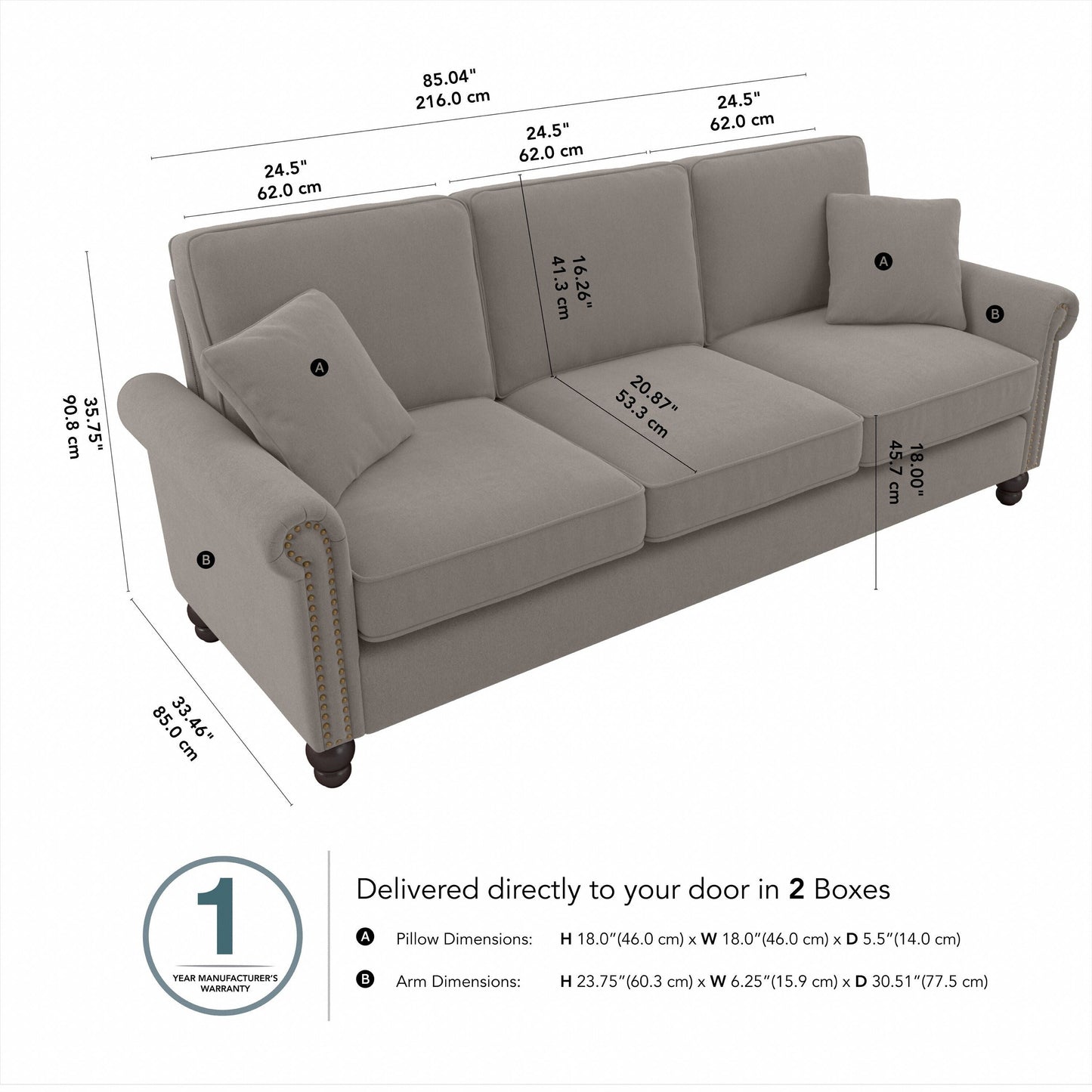 Divano grande da soggiorno a 3 posti Coventry 85W di Bush Furniture