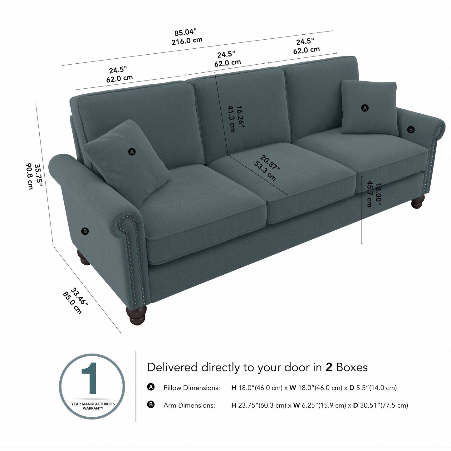 Divano grande da soggiorno a 3 posti Coventry 85W di Bush Furniture