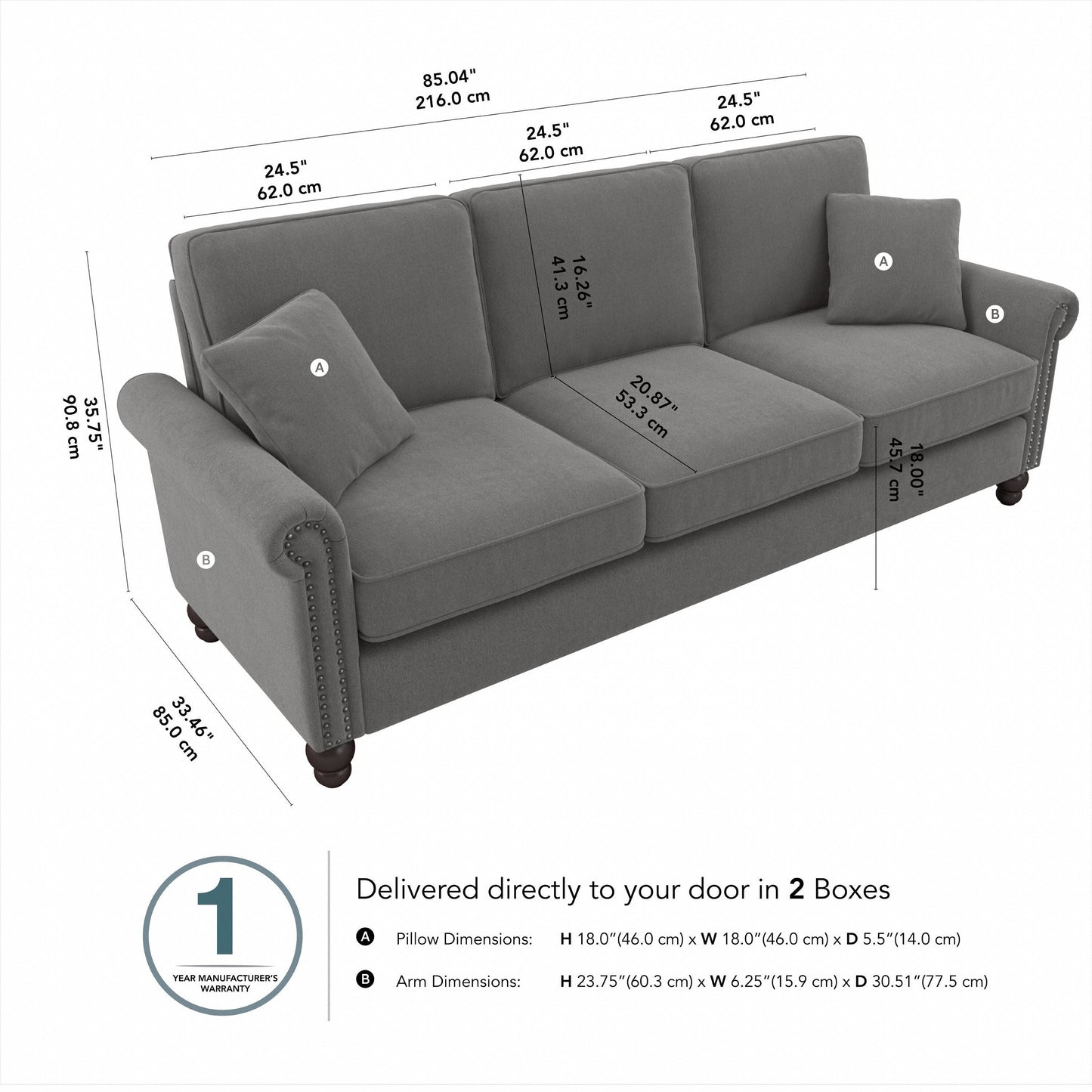 Divano grande da soggiorno a 3 posti Coventry 85W di Bush Furniture