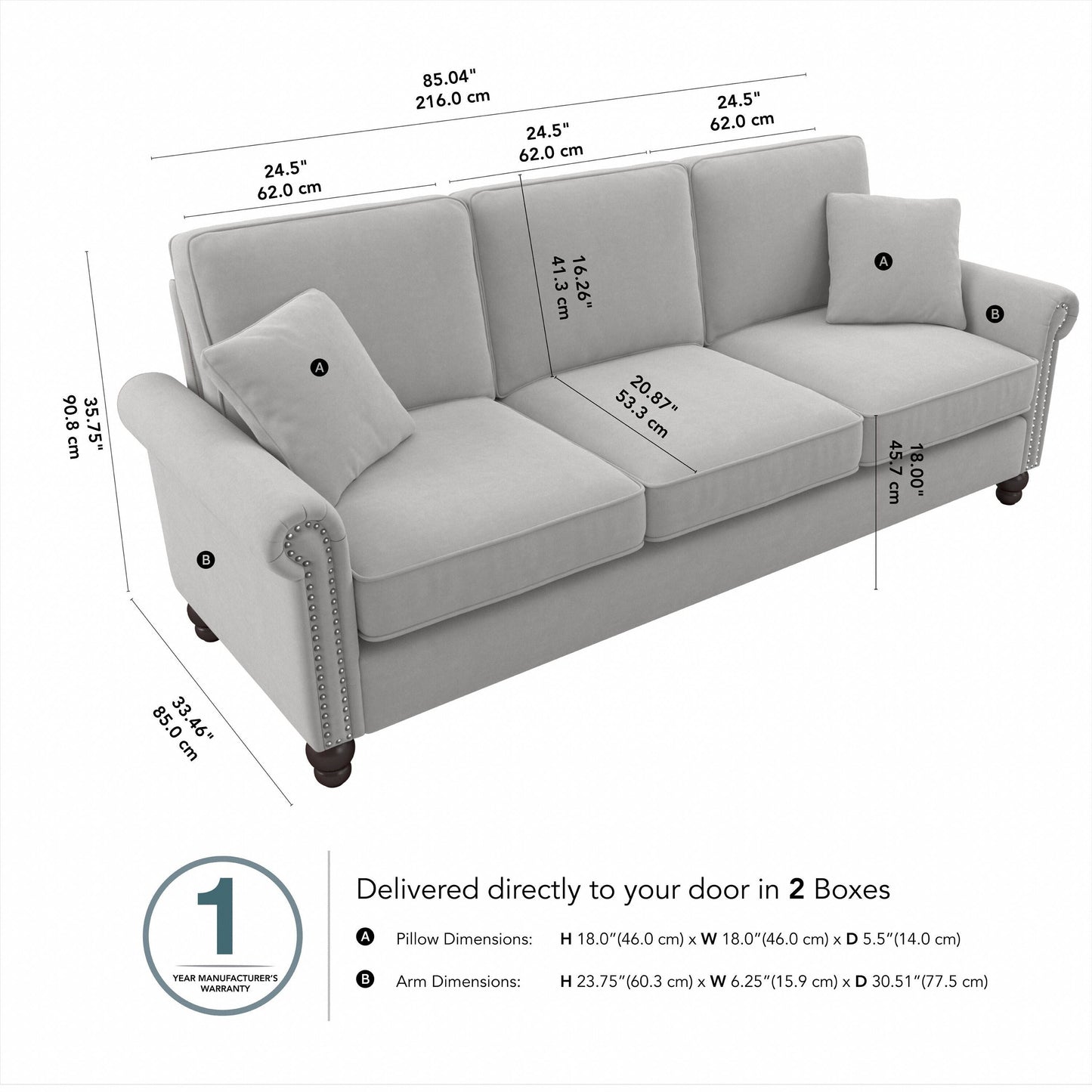 Divano grande da soggiorno a 3 posti Coventry 85W di Bush Furniture