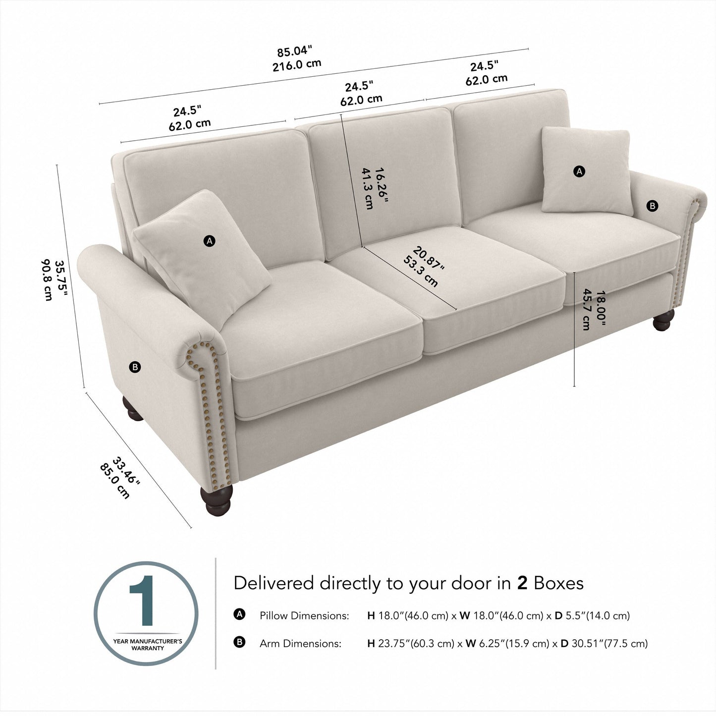 Divano grande da soggiorno a 3 posti Coventry 85W di Bush Furniture