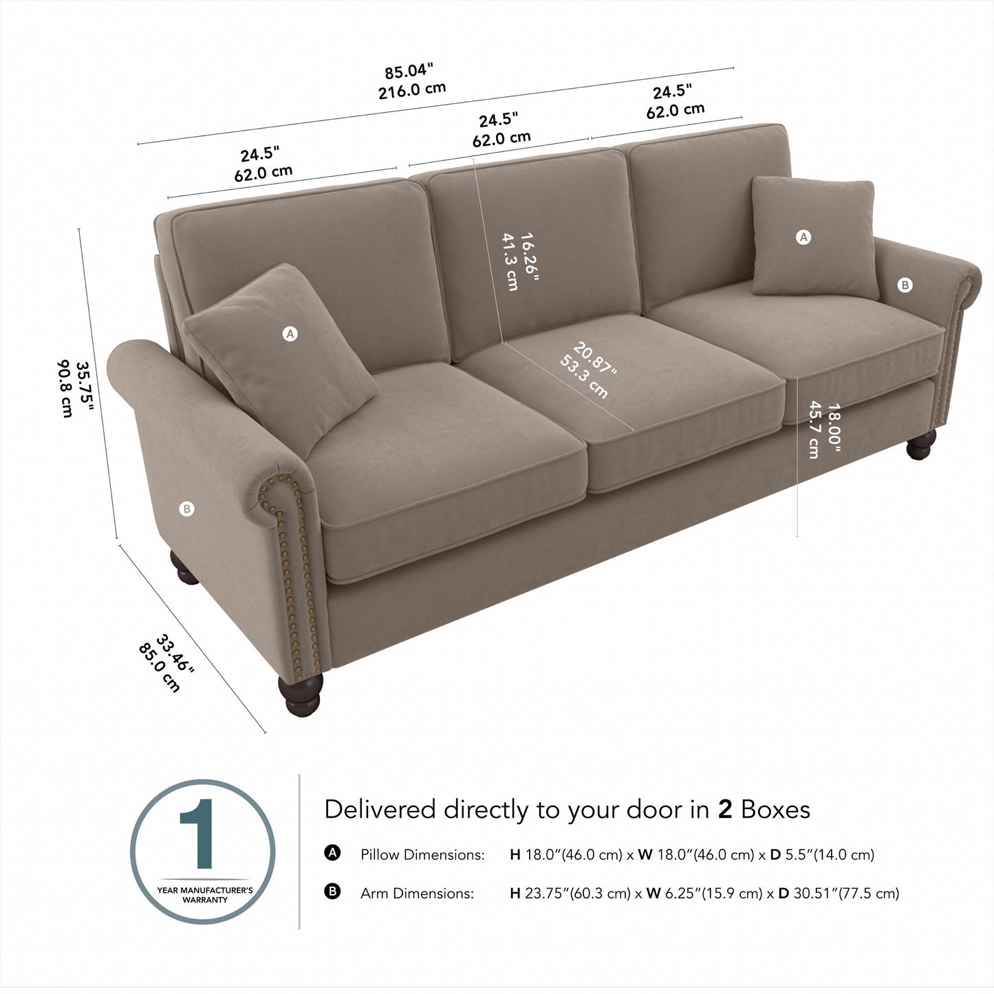 Divano grande da soggiorno a 3 posti Coventry 85W di Bush Furniture