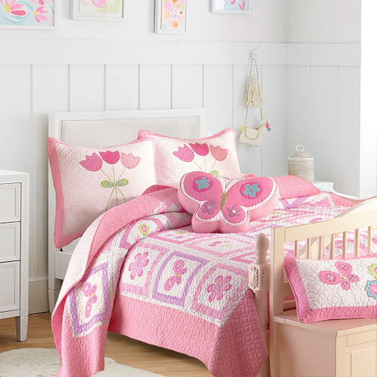 Set di biancheria da letto con trapunta rosa e fiori di farfalla