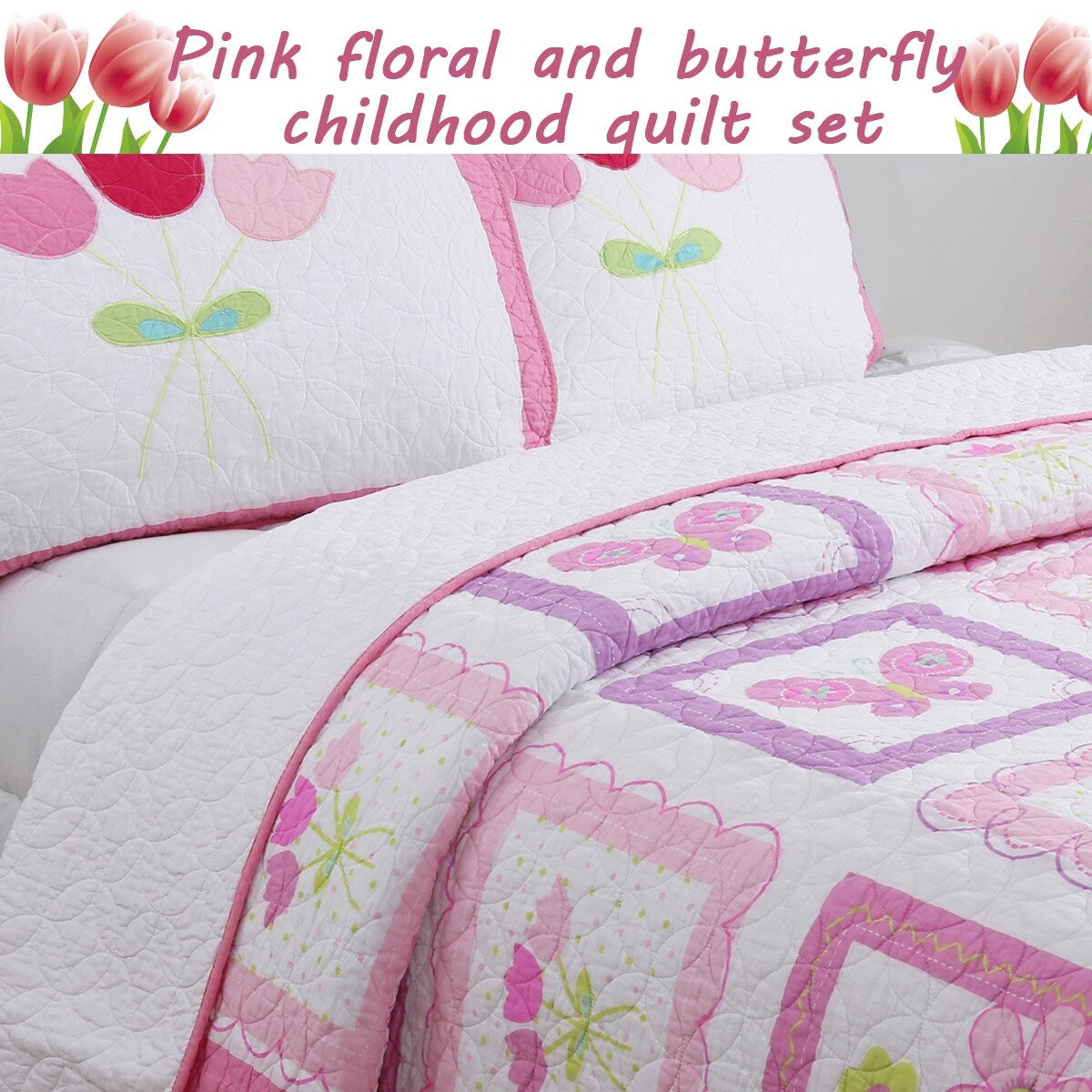 Set di biancheria da letto con trapunta rosa e fiori di farfalla
