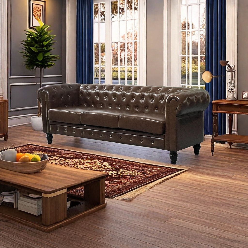 Divano Chesterfield a 3 posti con bottoni, divano in pelle per soggiorno, divano con braccioli arrotolati e 4 gambe a forma di zucca, marrone