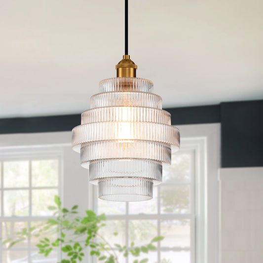 Lampadario a sospensione in ottone anticato a 1 luce C Cattleya con paralume in vetro a strisce - Ottone anticato