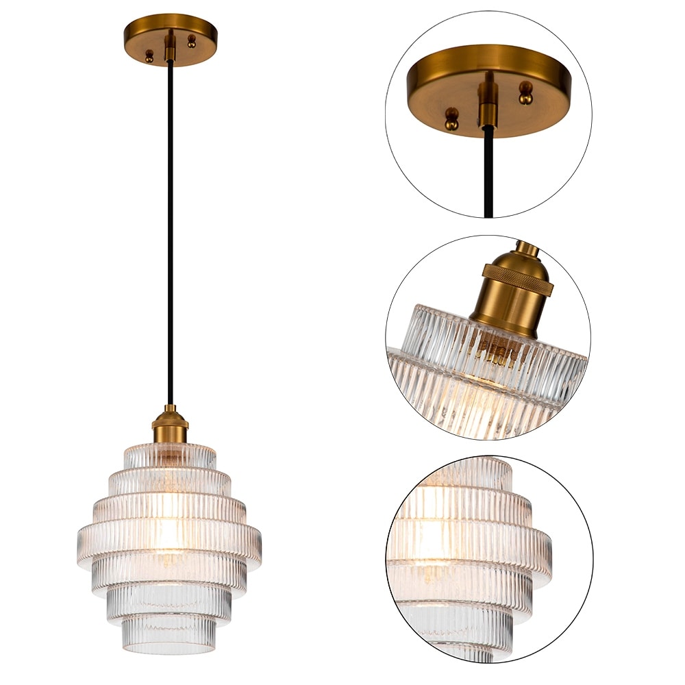 Lampadario a sospensione in ottone anticato a 1 luce C Cattleya con paralume in vetro a strisce - Ottone anticato