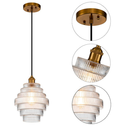 Lampadario a sospensione in ottone anticato a 1 luce C Cattleya con paralume in vetro a strisce - Ottone anticato