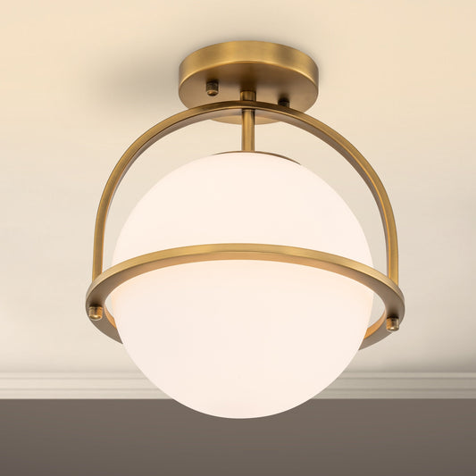 C Cattleya Lampada da soffitto a 1 luce in ottone anticato con paralume in vetro opalino - Ottone anticato