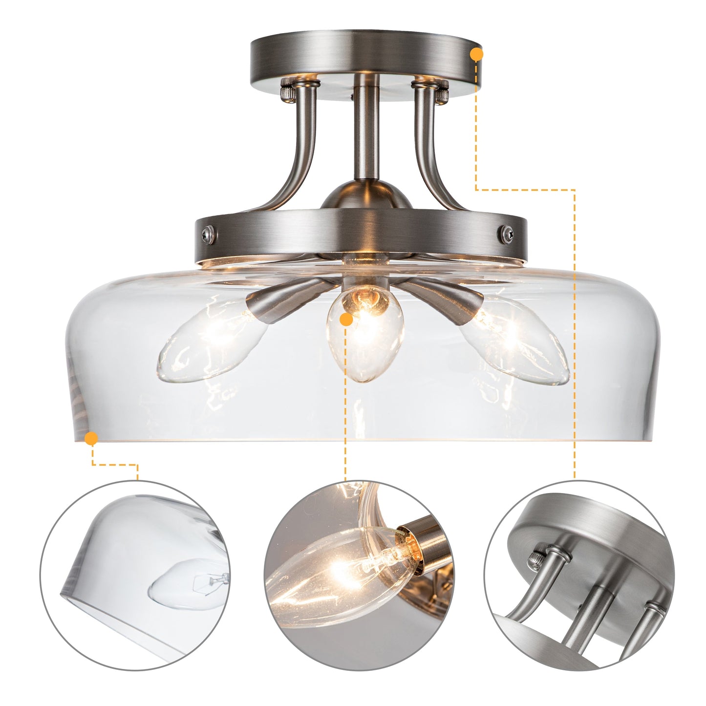 Lampada da soffitto semi-incassata a 3 luci in nichel satinato con paralume in vetro C Cattleya