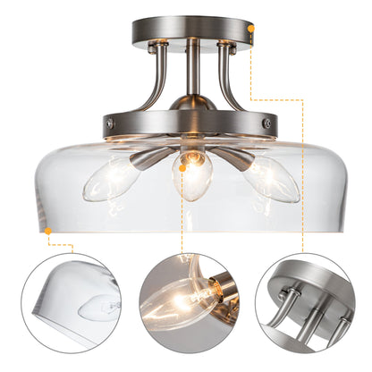 Lampada da soffitto semi-incassata a 3 luci in nichel satinato con paralume in vetro C Cattleya