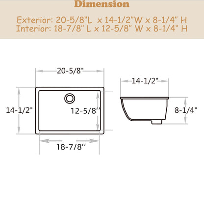 Lavandino da bagno sottotop CB HOME 20'' x 14'', lavabo da bagno rettangolare in ceramica bianca (20-5/8'' x 14-1/2'' x 8-1/4'')