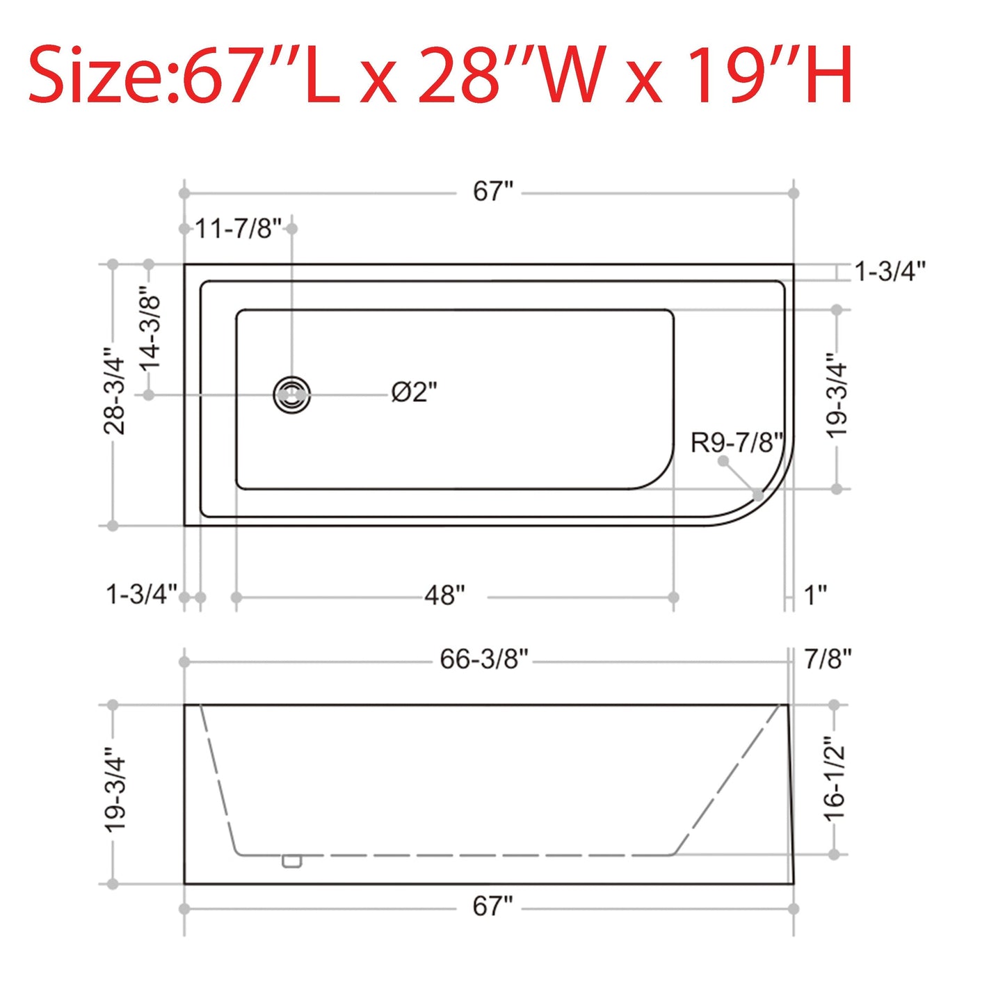Vasche da bagno autoportanti in acrilico CB HOME da 59''/67'', vasche da bagno con un solo lato contro la parete, troppo pieno a sinistra/destra