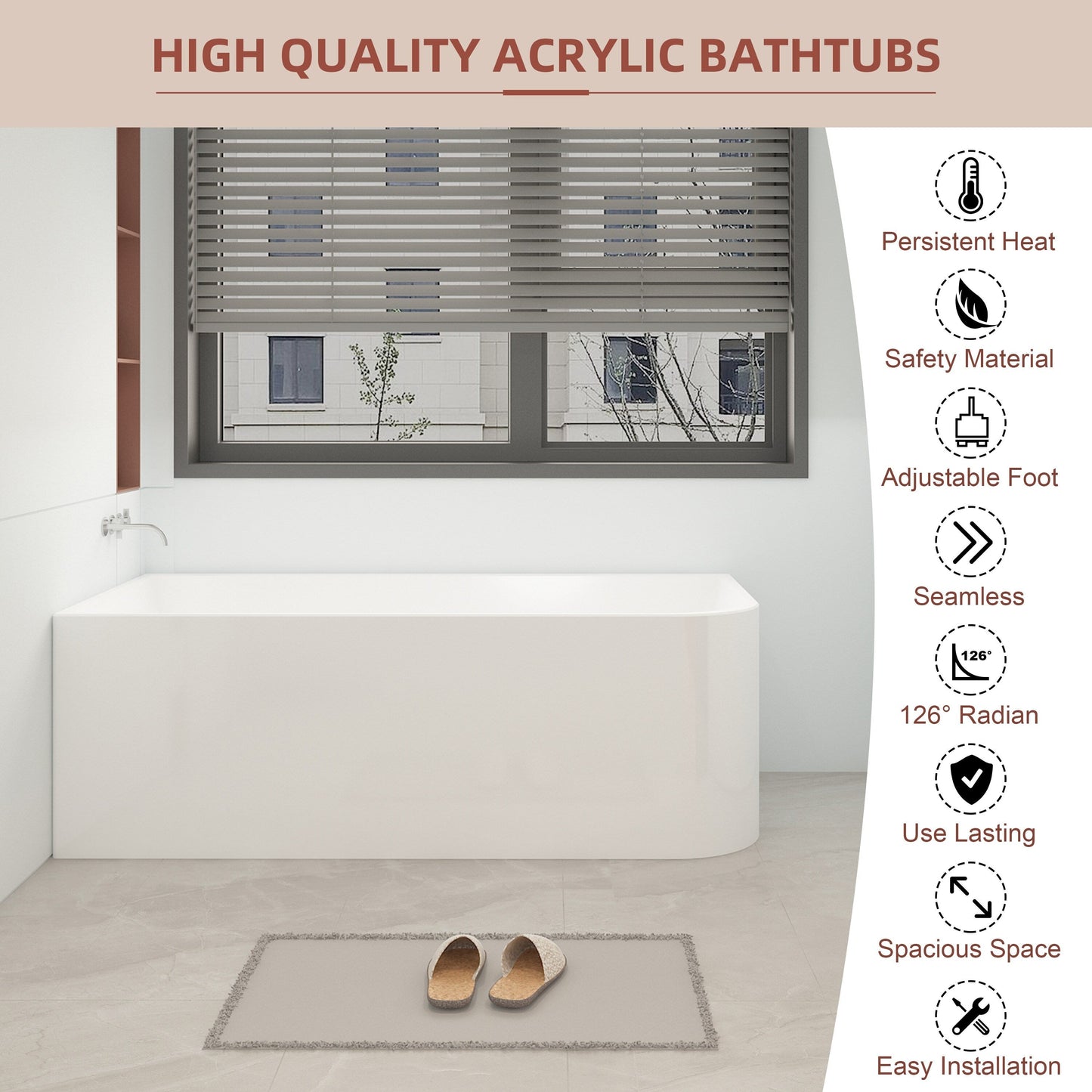 Vasche da bagno autoportanti in acrilico CB HOME da 59''/67'', vasche da bagno con un solo lato contro la parete, troppo pieno a sinistra/destra