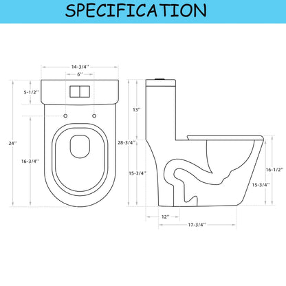 WC monoblocco compatto piccolo CB HOME da 24'', WC corto moderno con doppio scarico e sifone, sedile a chiusura ammortizzata, altezza comfort di 16,5''