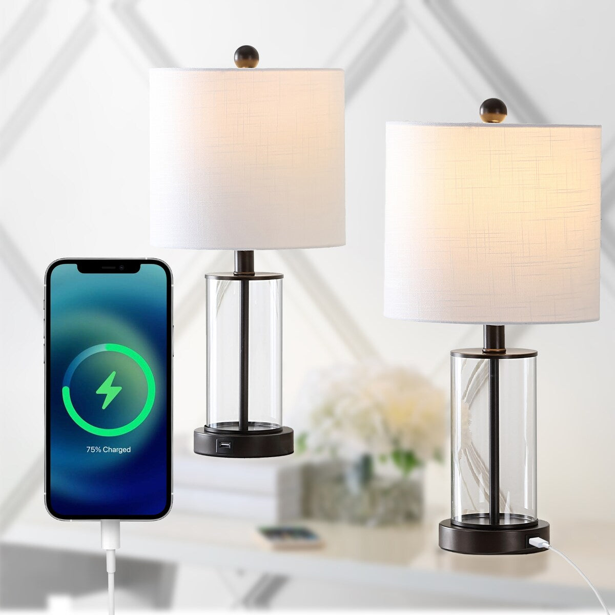 Lampada da tavolo a LED moderna e contemporanea Cabell 21 in vetro con ricarica USB, bronzo lucidato a olio (set da 2) di JONATHAN Y