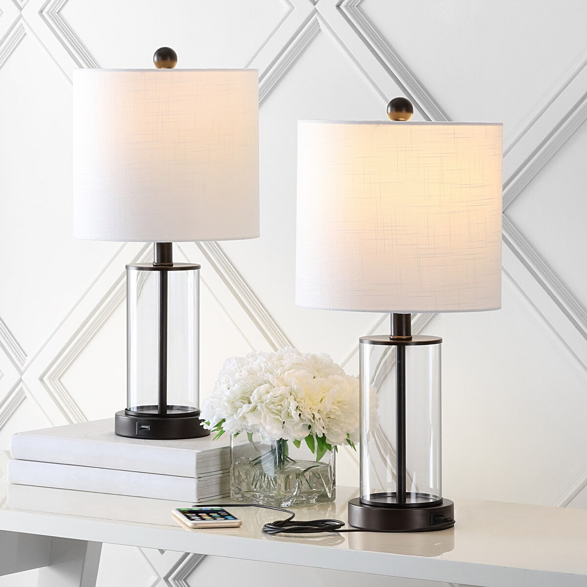 Lampada da tavolo a LED moderna e contemporanea Cabell 21 in vetro con ricarica USB, bronzo lucidato a olio (set da 2) di JONATHAN Y