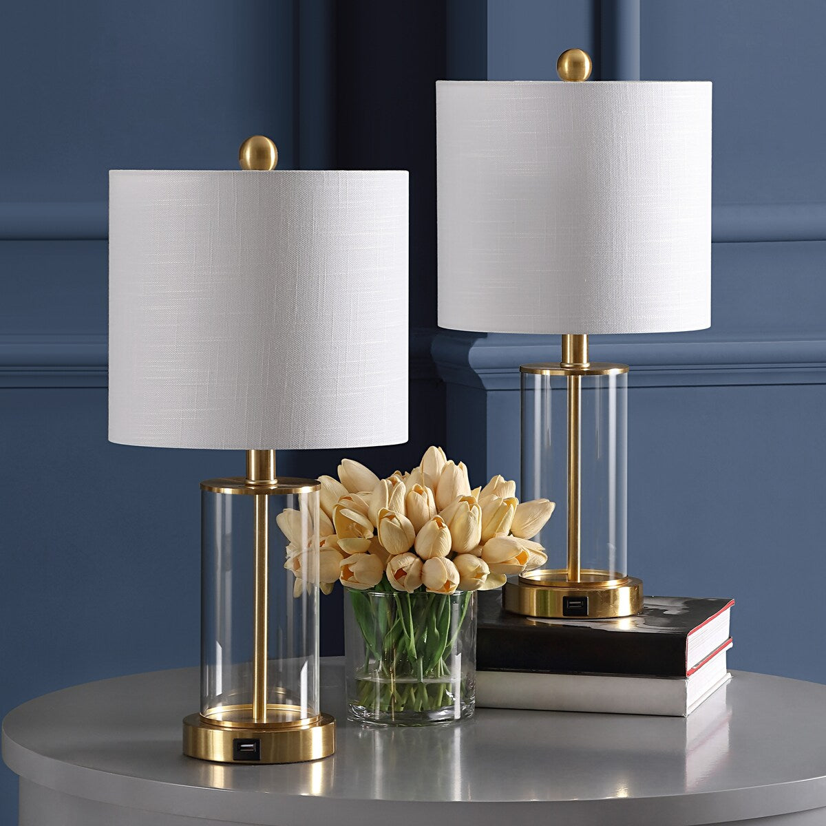 Lampada da tavolo a LED moderna e contemporanea Cabell 21 in vetro con ricarica USB, bronzo lucidato a olio (set da 2) di JONATHAN Y