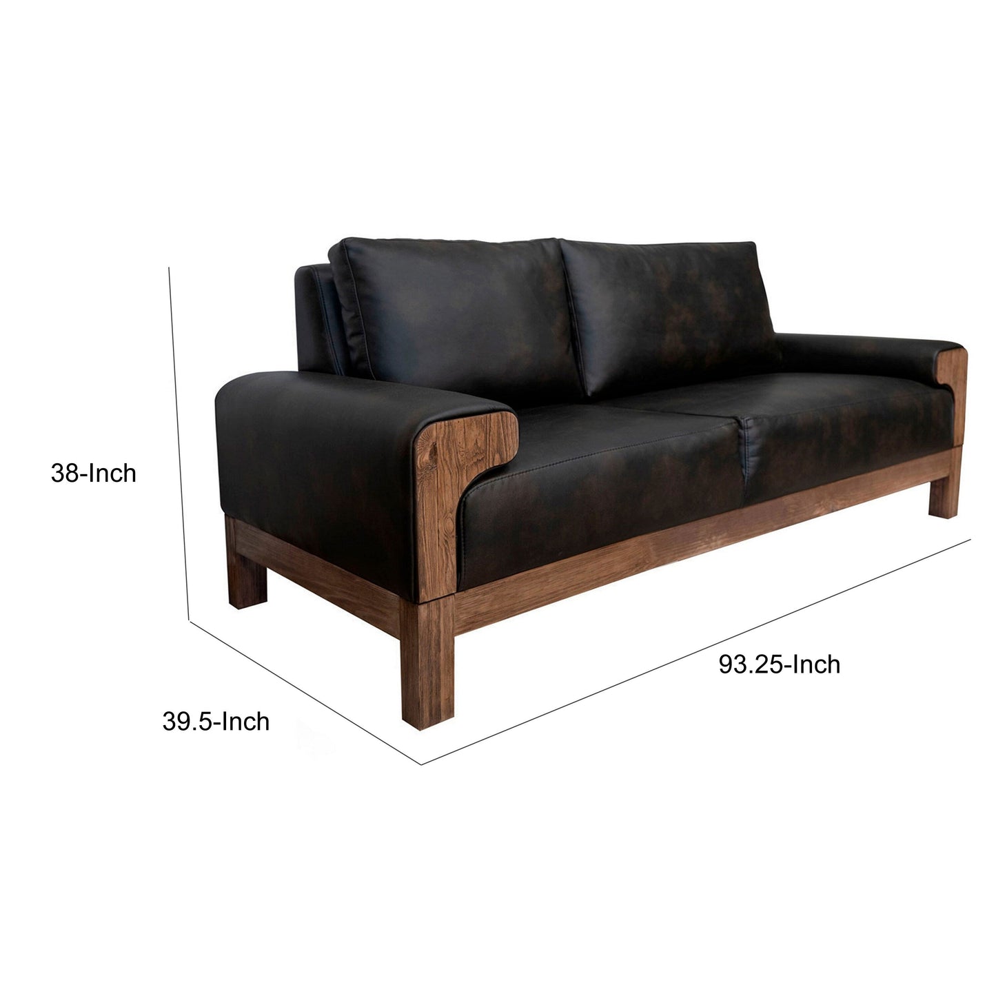 Divano Caisy, similpelle nera, struttura in legno massello color caramello, 93 pollici