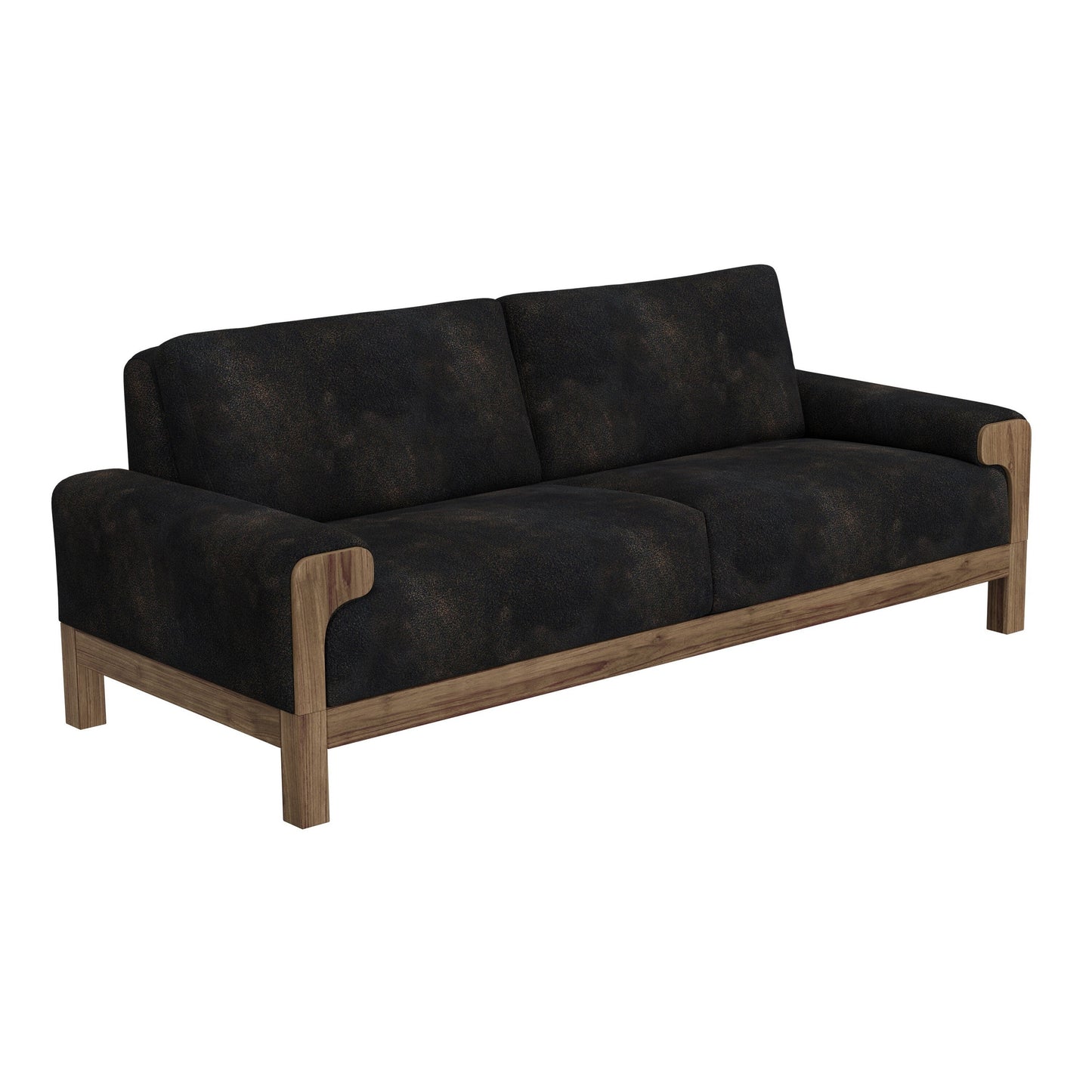 Divano Caisy, similpelle nera, struttura in legno massello color caramello, 93 pollici