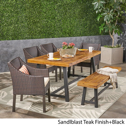 Set da pranzo Calero Outdoor da 6 pezzi in legno e vimini con sedie e panca di Christopher Knight Home