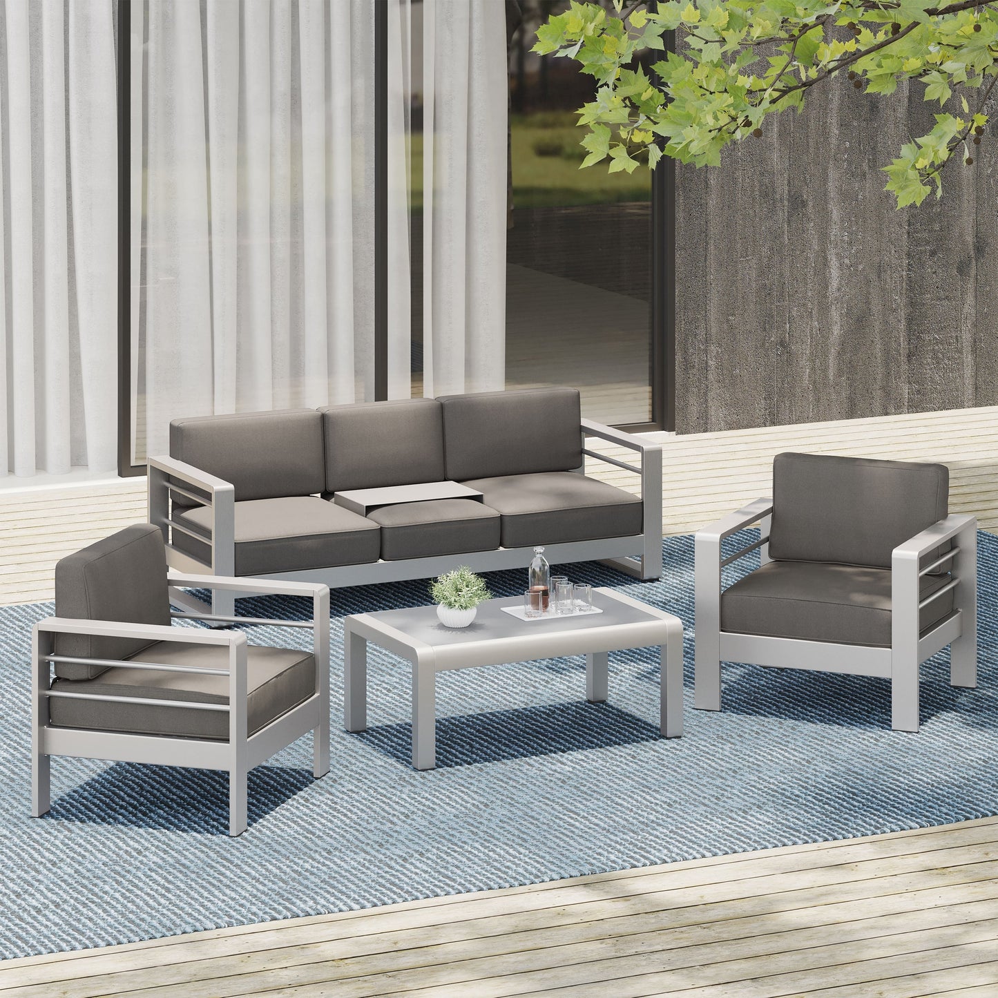 Set da esterno Cape Coral da 4 pezzi in alluminio con cuscini resistenti all'acqua di Christopher Knight Home