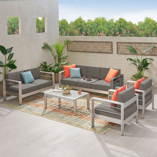 Set di divani da esterno in alluminio da 7 posti Cape Coral con tavolino da caffè di Christopher Knight Home