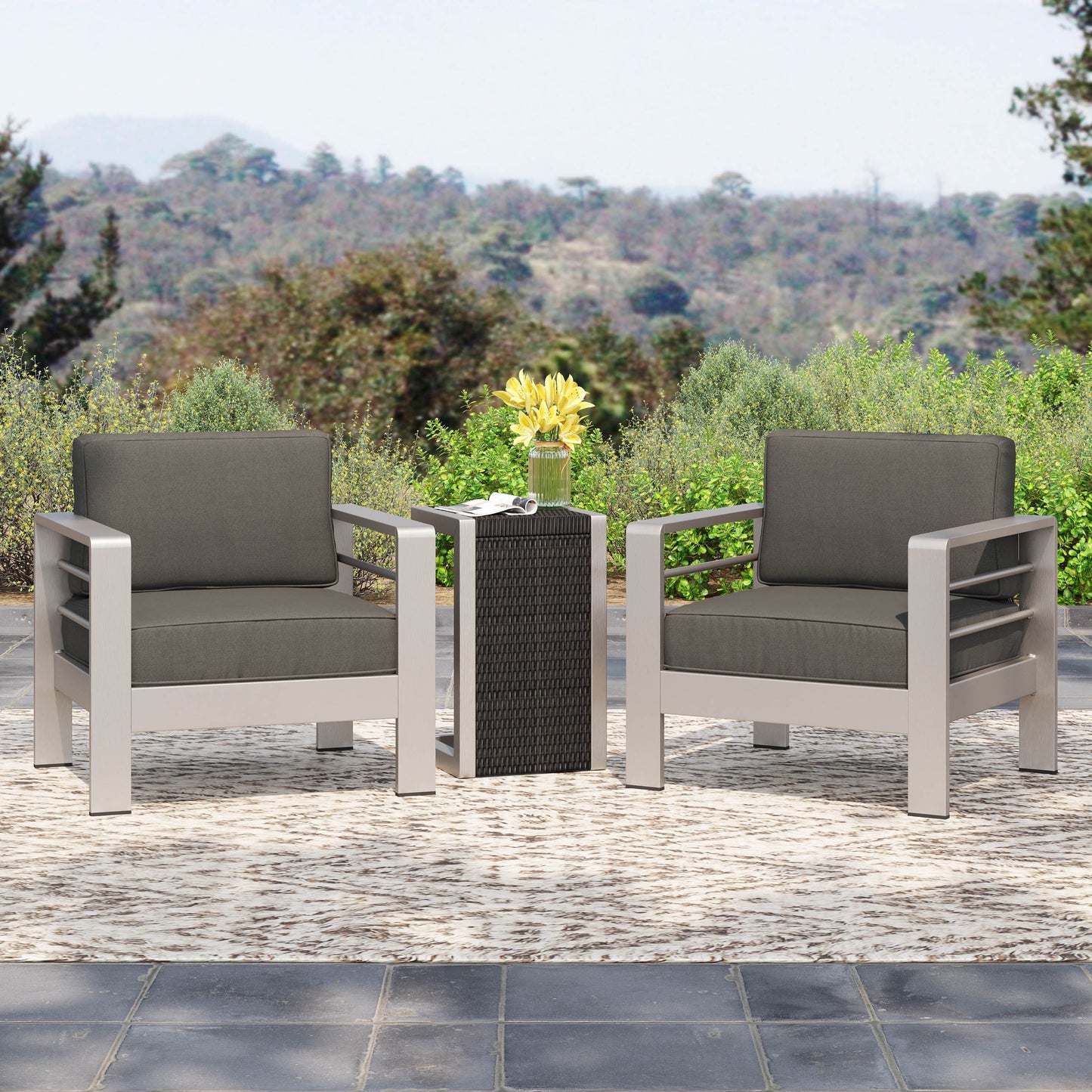 Set da esterno in alluminio Cape Coral da 3 pezzi con tavolo a forma di C di Christopher Knight Home