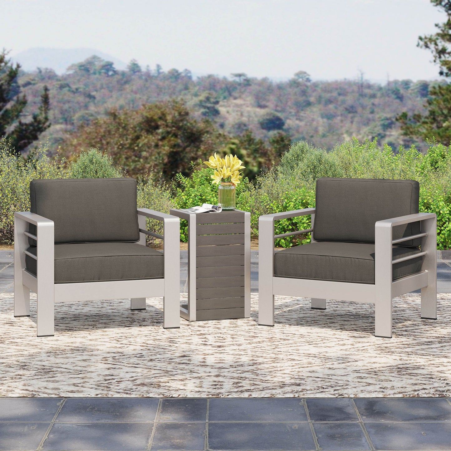 Set da esterno in alluminio Cape Coral da 3 pezzi con tavolo a forma di C di Christopher Knight Home
