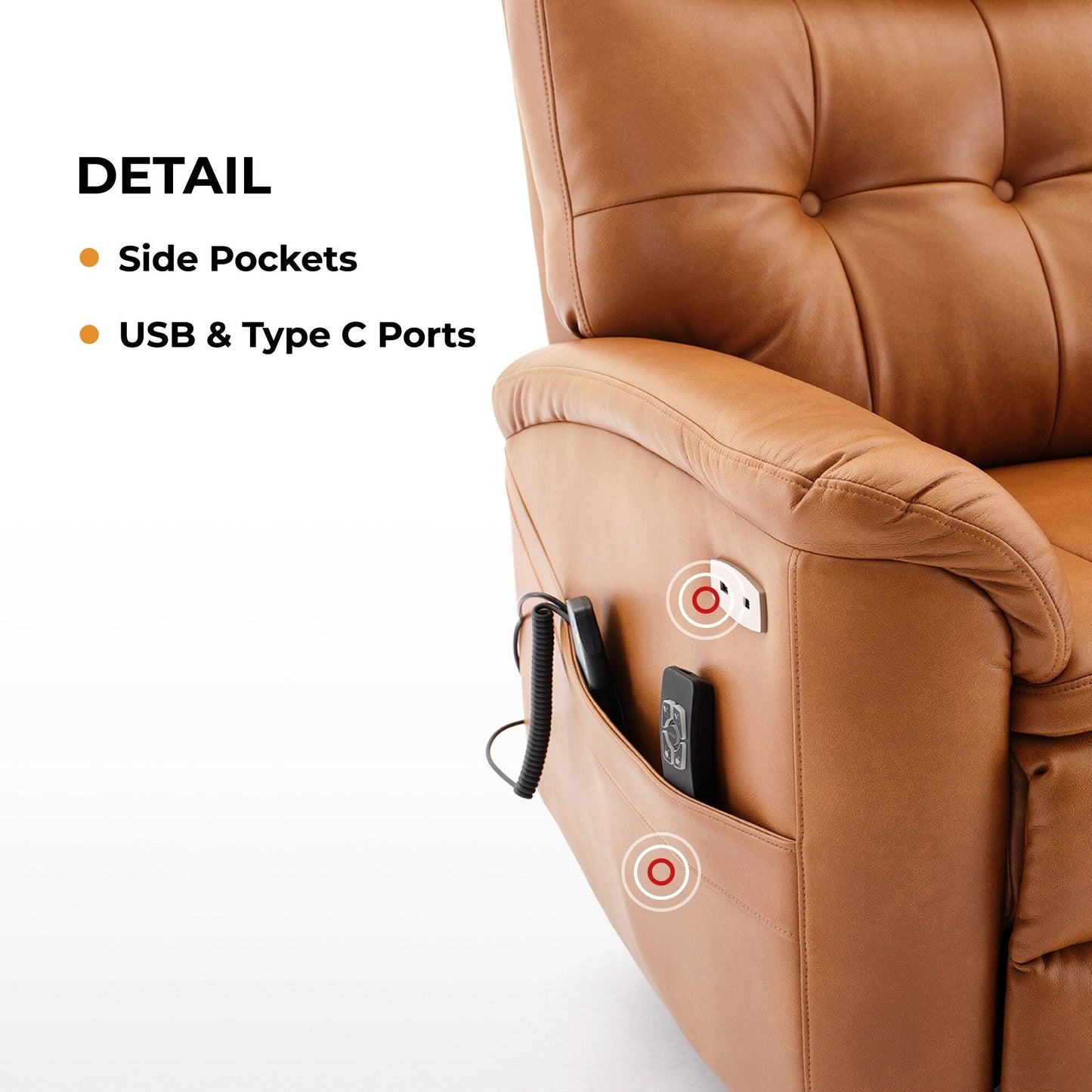 Poltrona reclinabile elettrica in pelle color caramello con massaggio a 8 punti, riscaldamento lombare, USB, posizione distesa