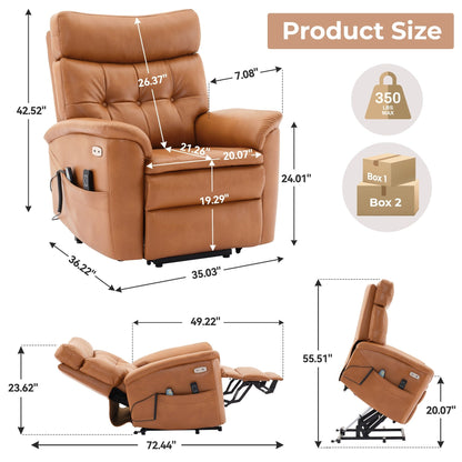 Poltrona reclinabile elettrica in pelle color caramello con massaggio a 8 punti, riscaldamento lombare, USB, posizione distesa