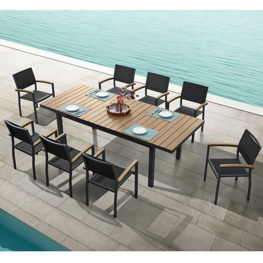 Set da pranzo da esterno Carlo in plastica effetto legno, 9 pezzi, per 8 persone, tavolo allungabile e sedia impilabile