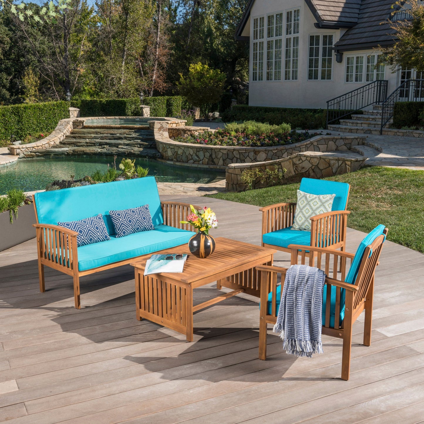 Christopher Knight Home Carolina - Set di divani da esterno in acacia da 4 pezzi - Seduta da giardino elegante e accogliente