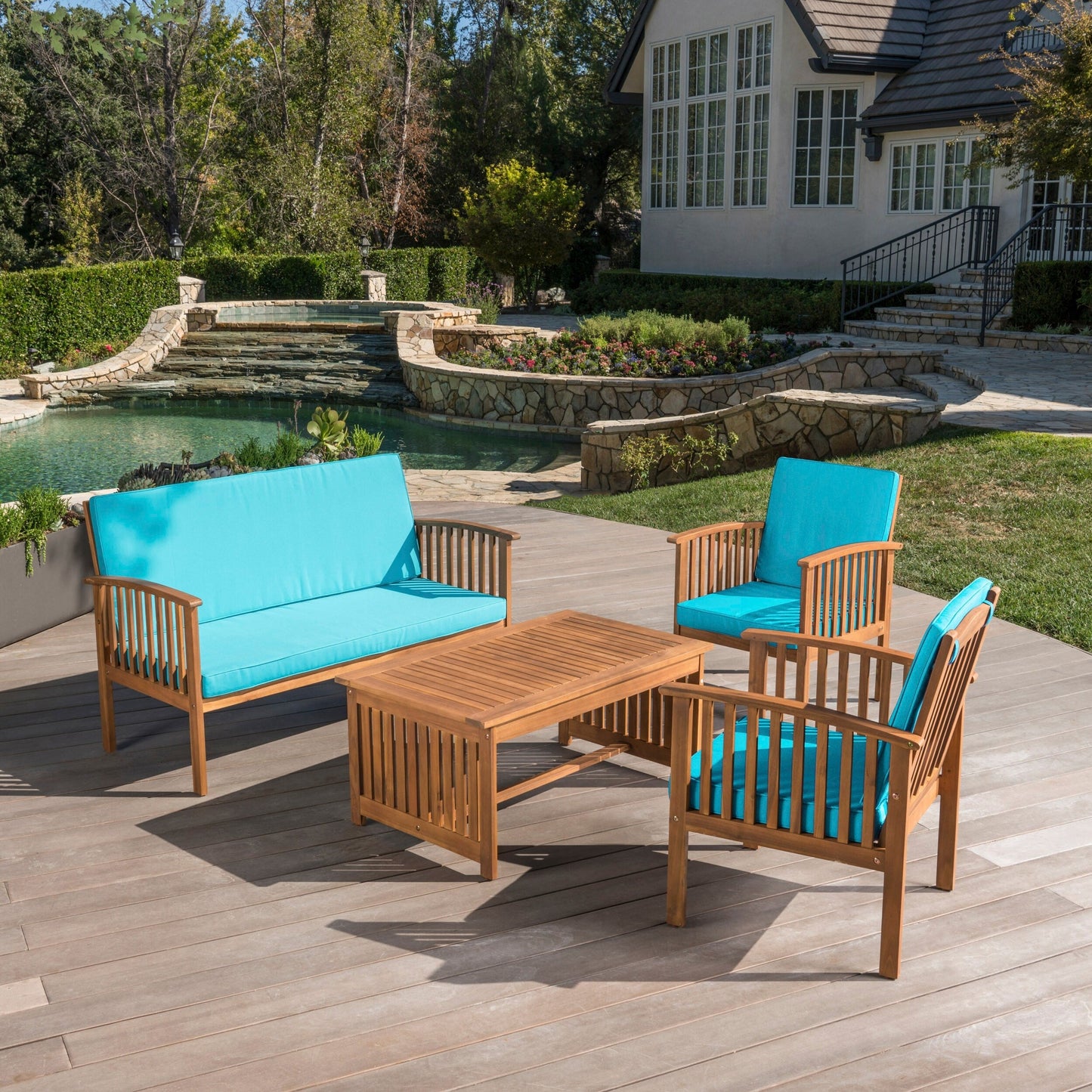 Christopher Knight Home Carolina - Set di divani da esterno in acacia da 4 pezzi - Seduta da giardino elegante e accogliente