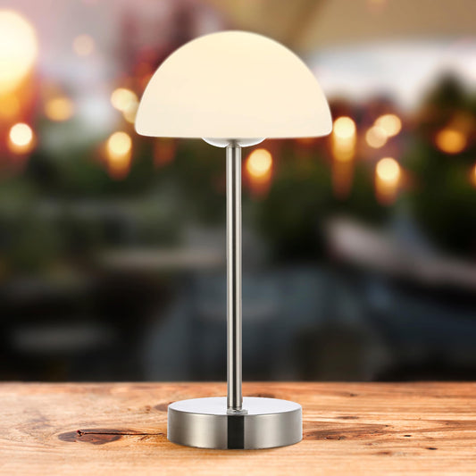 Lampada da tavolo moderna minimalista Carson 12.5 in ferro con LED integrato ricaricabile senza fili, nichel/bianco di JONATHAN Y