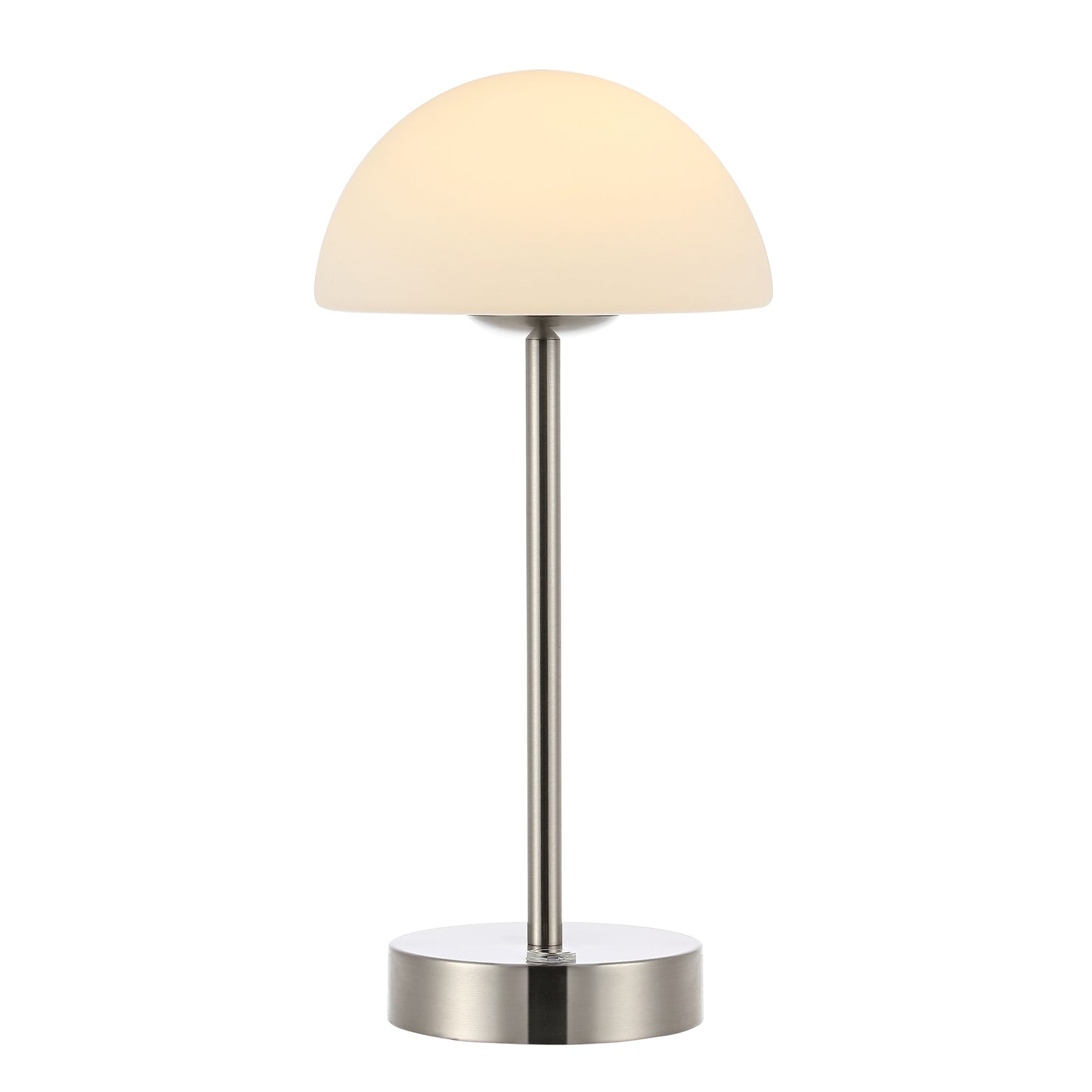 Lampada da tavolo moderna minimalista Carson 12.5 in ferro con LED integrato ricaricabile senza fili, nichel/bianco di JONATHAN Y
