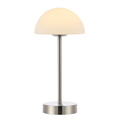 Lampada da tavolo moderna minimalista Carson 12.5 in ferro con LED integrato ricaricabile senza fili, nichel/bianco di JONATHAN Y