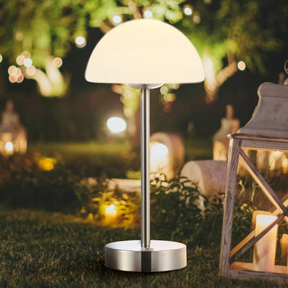 Lampada da tavolo moderna minimalista Carson 12.5 in ferro con LED integrato ricaricabile senza fili, nichel/bianco di JONATHAN Y