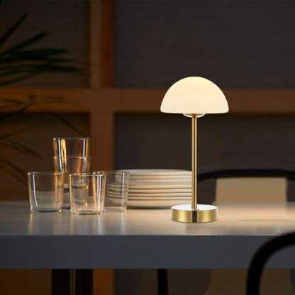 Lampada da tavolo moderna minimalista Carson 12.5 in ferro con LED integrato ricaricabile senza fili, nichel/bianco di JONATHAN Y