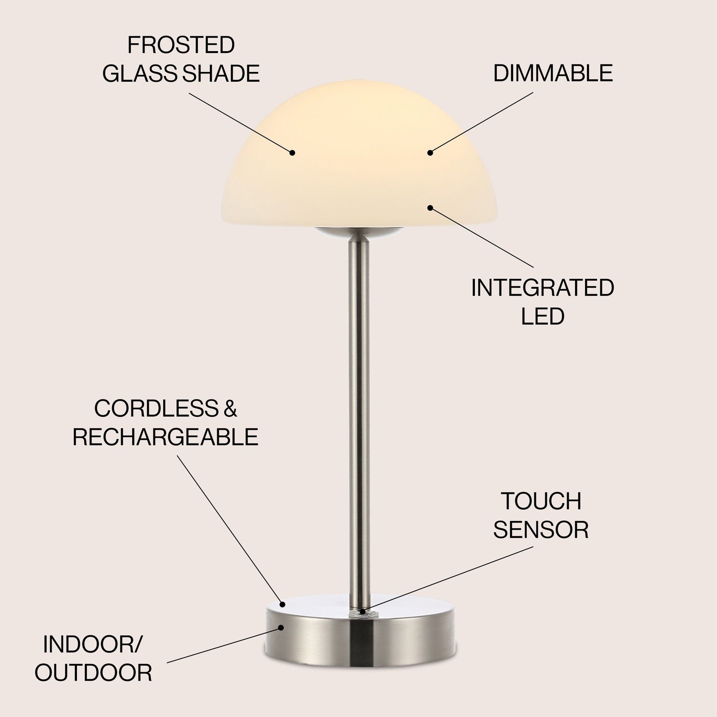 Lampada da tavolo moderna minimalista Carson 12.5 in ferro con LED integrato ricaricabile senza fili, nichel/bianco di JONATHAN Y