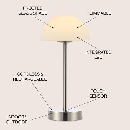 Lampada da tavolo moderna minimalista Carson 12.5 in ferro con LED integrato ricaricabile senza fili, nichel/bianco di JONATHAN Y