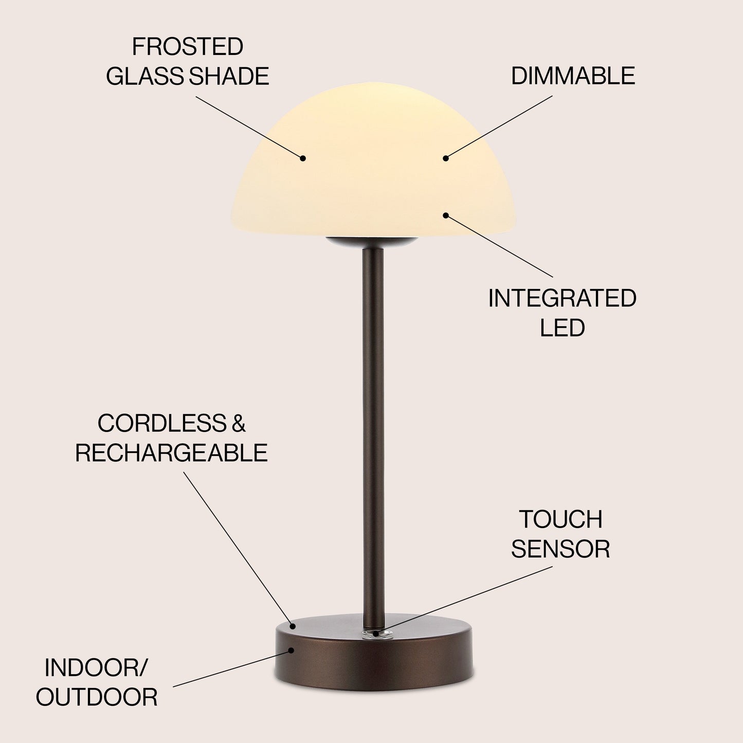 Lampada da tavolo moderna minimalista Carson 12.5 in ferro con LED integrato ricaricabile senza fili, nichel/bianco di JONATHAN Y