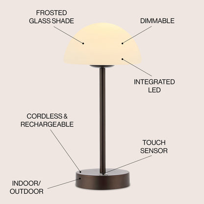 Lampada da tavolo moderna minimalista Carson 12.5 in ferro con LED integrato ricaricabile senza fili, nichel/bianco di JONATHAN Y