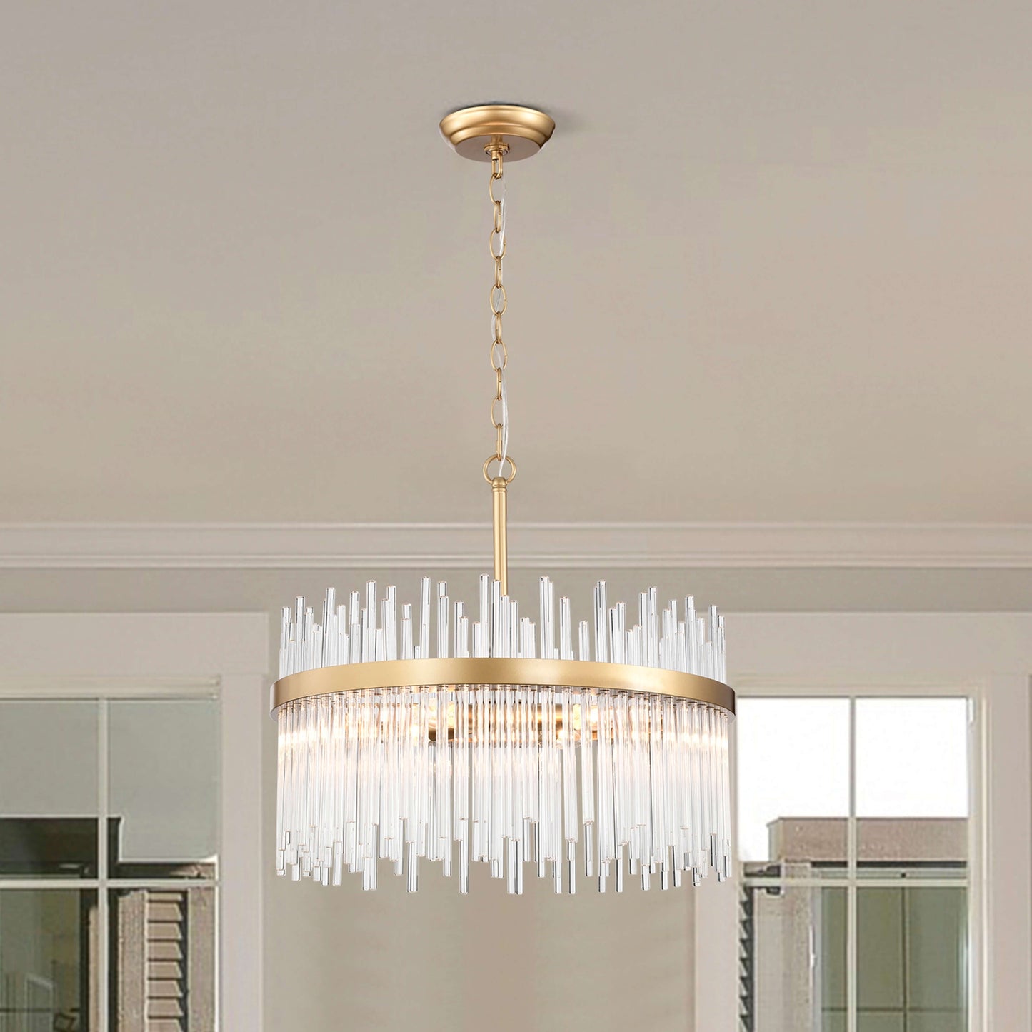 Lampadario Casandra a 5 luci in bronzo lucido con barre in vetro trasparente - Bronzo lucido