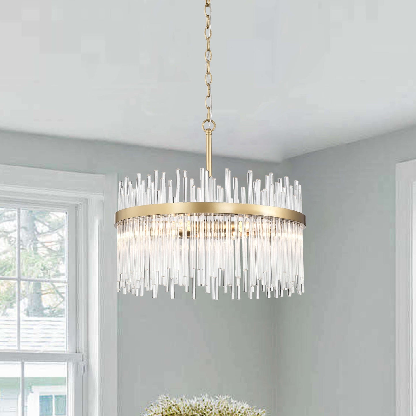 Lampadario Casandra a 5 luci in bronzo lucido con barre in vetro trasparente - Bronzo lucido